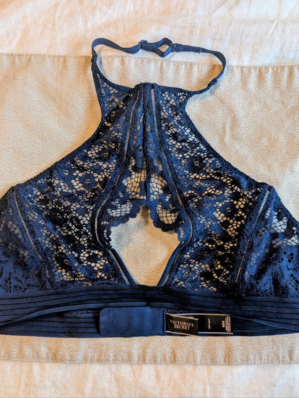 Victorias Secret bralette Lace M halter high neck cut out navy Blue Peekaboo